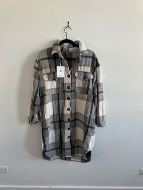 Women's Plaid Shacket Jacket - Cream, Gray & Brown